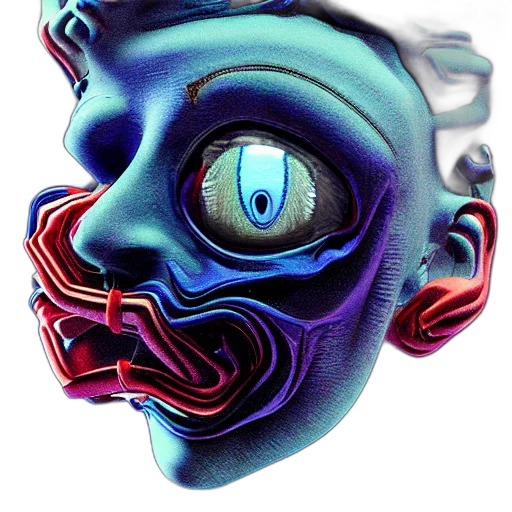 mask, face, robot, creature, vaporwave, 3d render, concept art, cyberpunk transparent PNG cut-out