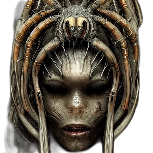 mask, creature, face, hair, concept art, fantasy art, cyberpunk, photorealistic transparent PNG cut-out