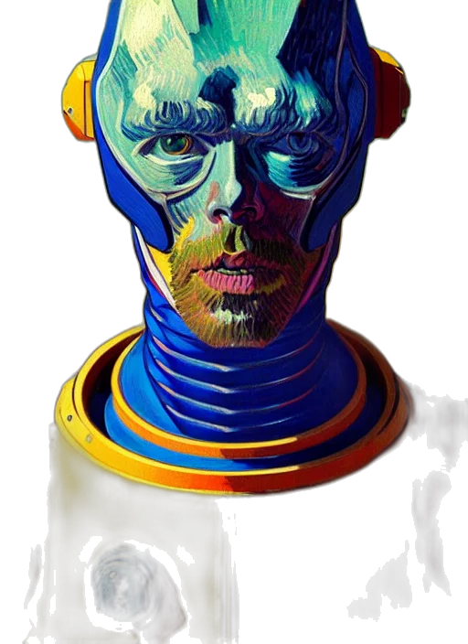 robot, mask, face, staff, concept art, comic book art, fantasy art, photorealistic transparent PNG cut-out