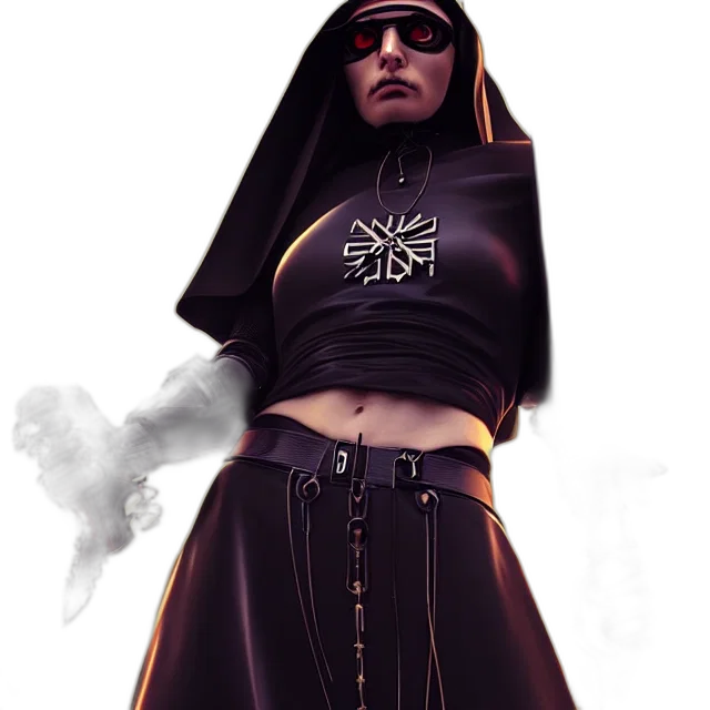 jacket, staff, concept art, cyberpunk, fantasy art, 3d render, dark, nun transparent PNG cut-out