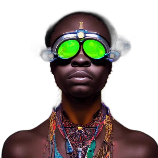 mask, face, jewelry, staff, photorealistic, cyberpunk, concept art, 3d render transparent PNG cut-out