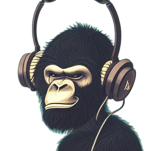 concept art, cartoon, photorealistic, stoned, ape, headphones, knitted, cap transparent PNG cut-out