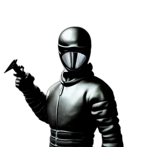 jacket, robot, staff, weapon, concept art, comic book art, 3d render, monochrome transparent PNG cut-out