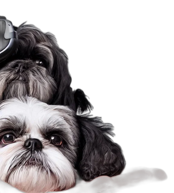 photorealistic, photo, black, shih, tzu, puppy, wearing, headset transparent PNG cut-out