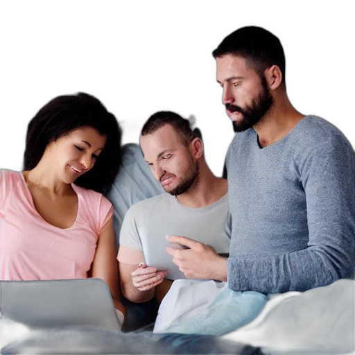man, woman, bed, working, their, laptops transparent PNG cut-out