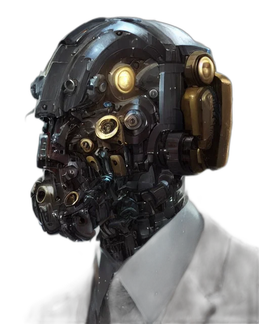 robot, mask, face, staff, cyberpunk, concept art, 3d render, photorealistic transparent PNG cut-out