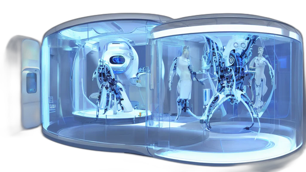 robot, 3d render, concept art, cyberpunk, outer space, futuristic, enclosed, medical transparent PNG cut-out