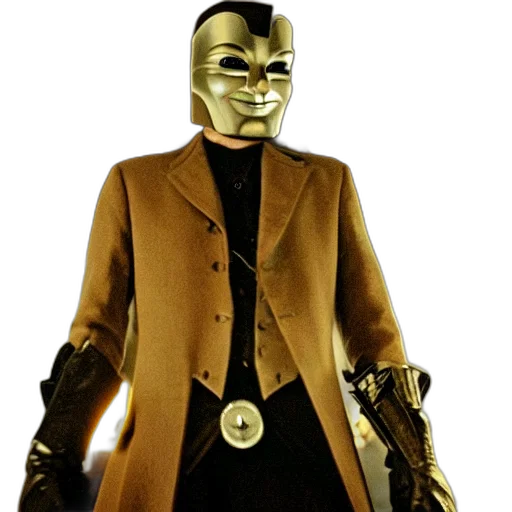 mask, jacket, robot, staff, concept art, cyberpunk, 3d render, comic book art transparent PNG cut-out