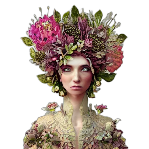 crown, flower, face, fantasy art, photorealistic, concept art, pixel art, earth tones transparent PNG cut-out