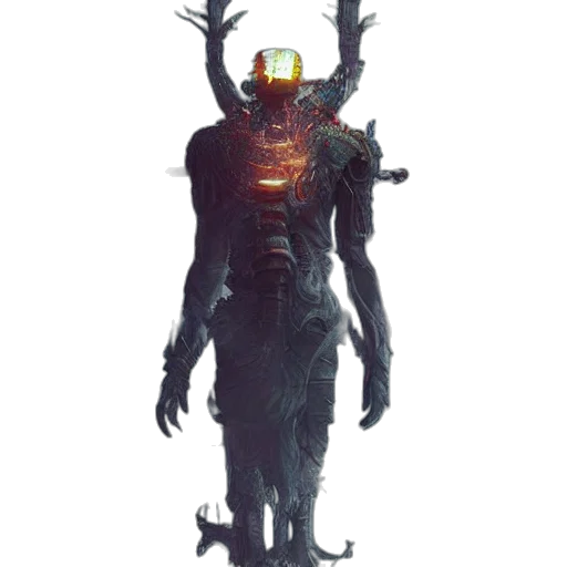 robot, creature, mask, staff, concept art, cyberpunk, fantasy art, pixel art transparent PNG cut-out