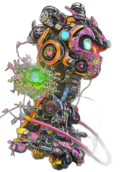 robot, weapon, staff, mask, cyberpunk, concept art, 3d render, fantasy art transparent PNG cut-out