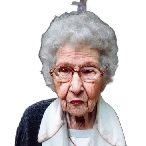 face, staff, hat, crown, photorealistic, 3d render, grandma, giving transparent PNG cut-out