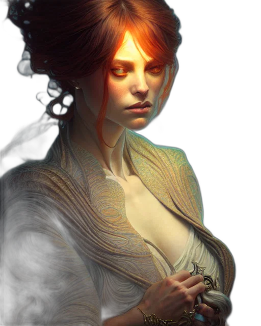 dress, face, fantasy art, concept art, photorealistic, comic book art, fire, golden transparent PNG cut-out