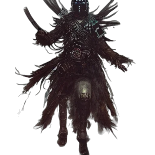 mask, staff, creature, sword, concept art, fantasy art, 3d render, comic book art transparent PNG cut-out