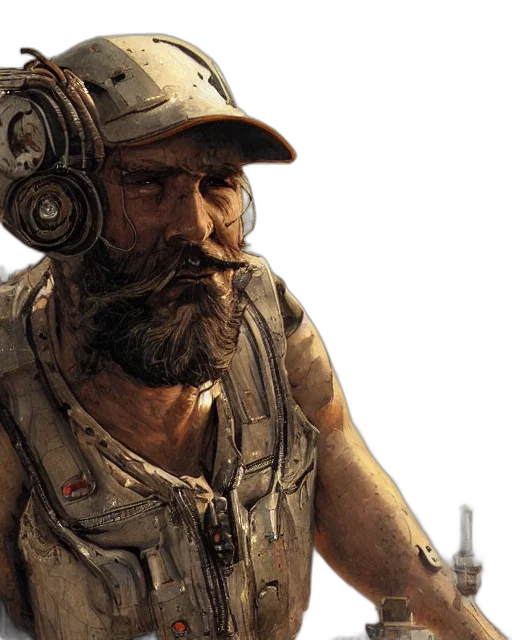 concept art, photorealistic, bearded, rugged, mechanic, man, cybernetic, enhancements transparent PNG cut-out