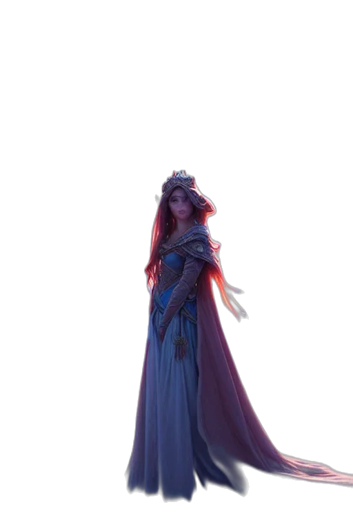 dress, crown, staff, sword, concept art, fantasy art, 3d render, comic book art transparent PNG cut-out