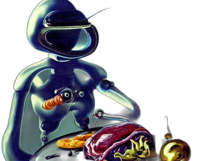 robot, food, concept art, 3d render, cyberpunk, outer space, strange, seductive transparent PNG cut-out