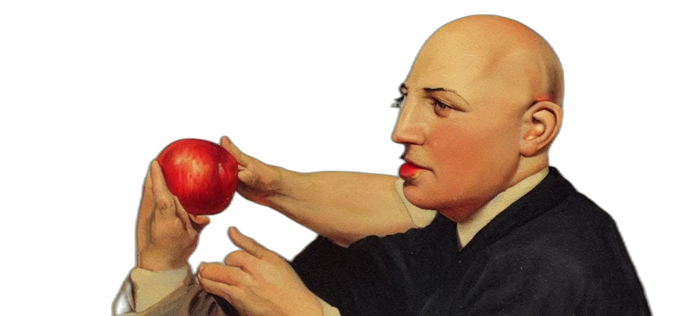 food, staff, photorealistic, painting, bald, man, looking, apple transparent PNG cut-out