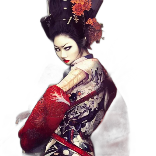 photorealistic, fantasy art, concept art, comic book art, red, full, body, geisha transparent PNG cut-out