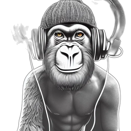 animal, cartoon, photorealistic, concept art, comic book art, stoned, ape, headphones transparent PNG cut-out