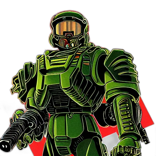 robot, concept art, comic book art, pixel art, 3d render, green, doomguy, wearing transparent PNG cut-out