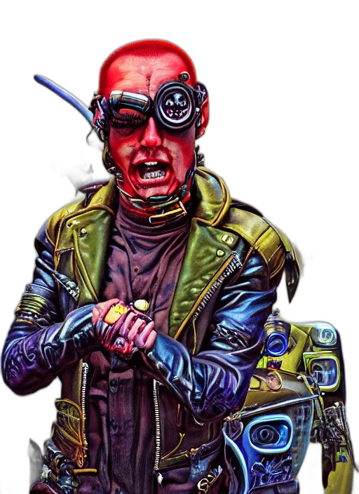 jacket, weapon, mask, staff, cyberpunk, comic book art, concept art, photorealistic transparent PNG cut-out