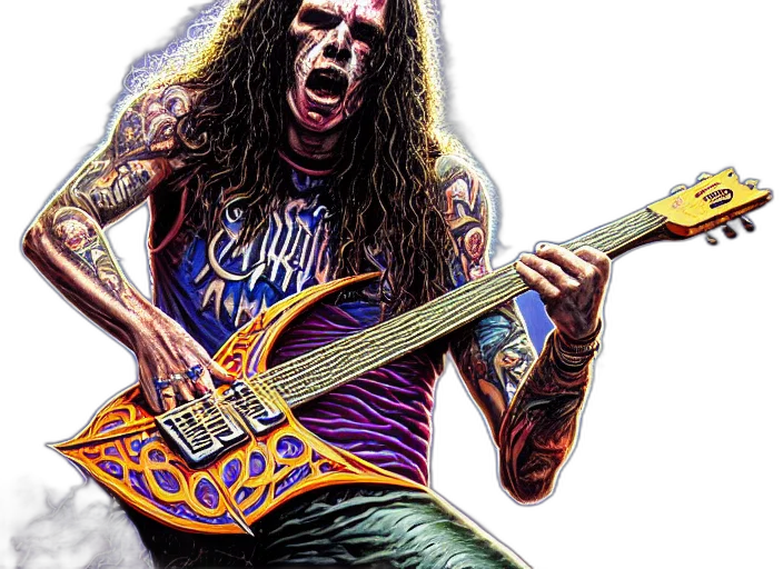 photorealistic, cinematic, shot, trey, azagthoth, morbid, angel, playing transparent PNG cut-out