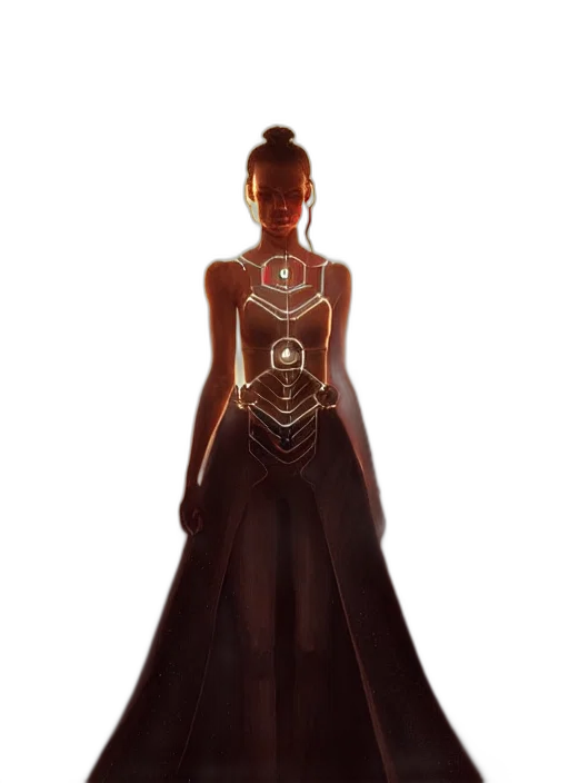 dress, jewelry, robot, crown, concept art, fantasy art, cyberpunk, 3d render transparent PNG cut-out