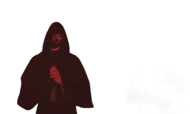 mask, jacket, staff, sword, concept art, 3d render, pixel art, fire transparent PNG cut-out