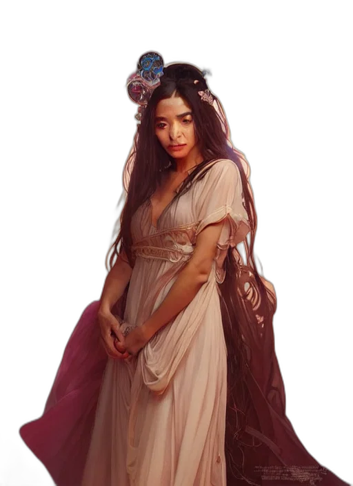 dress, jewelry, dragon, staff, fantasy art, concept art, oil painting, photorealistic transparent PNG cut-out