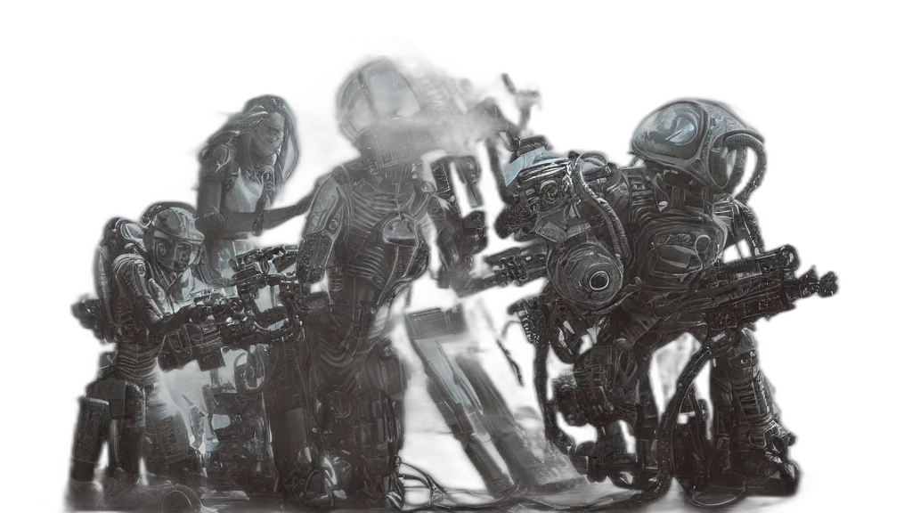 robot, weapon, concept art, comic book art, cyberpunk, fantasy art, outer space, fog transparent PNG cut-out