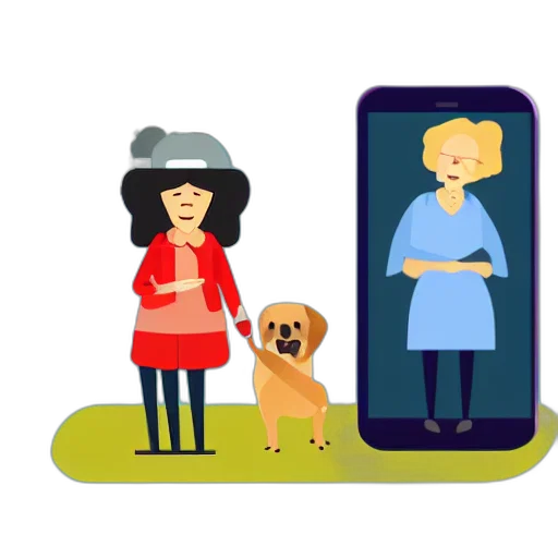 flat, design, illustration, grandma, dog, using, smart, phone transparent PNG cut-out