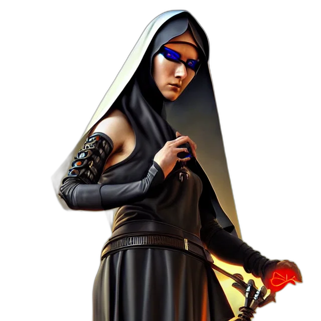 staff, sword, concept art, 3d render, fantasy art, cyberpunk, nun, warrior transparent PNG cut-out