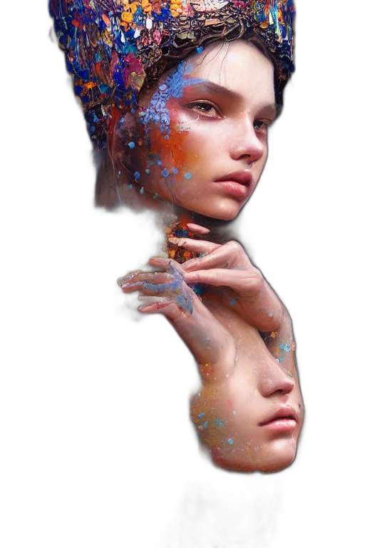 face, crown, dress, jewelry, photorealistic, fantasy art, concept art, cyberpunk transparent PNG cut-out