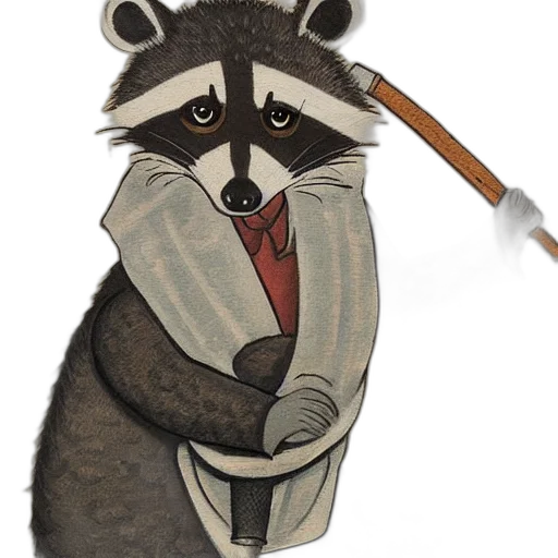 staff, animal, concept art, watercolor, photorealistic, cartoon, raccoon, wearing transparent PNG cut-out
