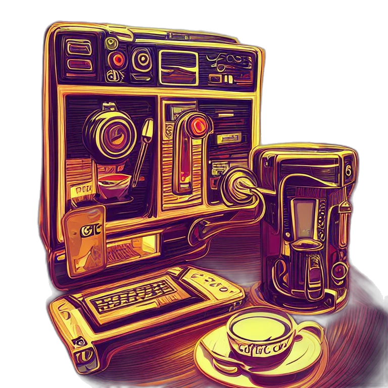 robot, furniture, concept art, pixel art, 3d render, comic book art, golden, epic transparent PNG cut-out