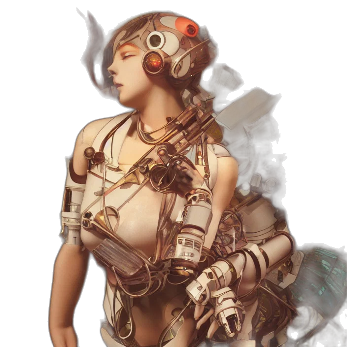 dress, robot, weapon, staff, concept art, fantasy art, cyberpunk, pixel art transparent PNG cut-out