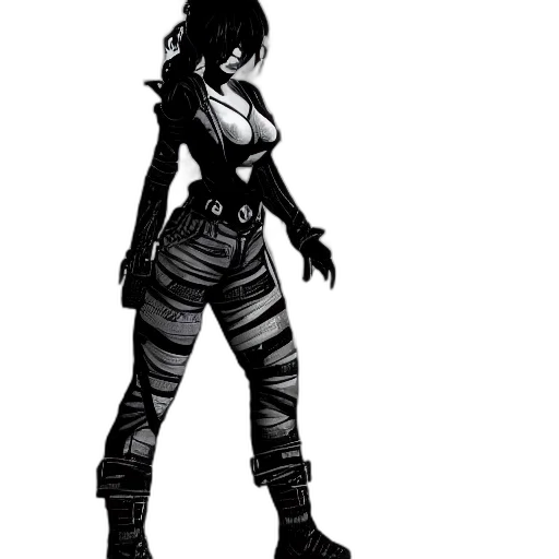 weapon, staff, jacket, concept art, comic book art, pixel art, cyberpunk, monochrome transparent PNG cut-out