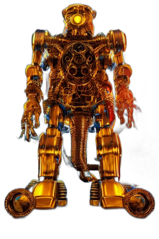 robot, weapon, concept art, 3d render, golden, portrait, photo, giant transparent PNG cut-out
