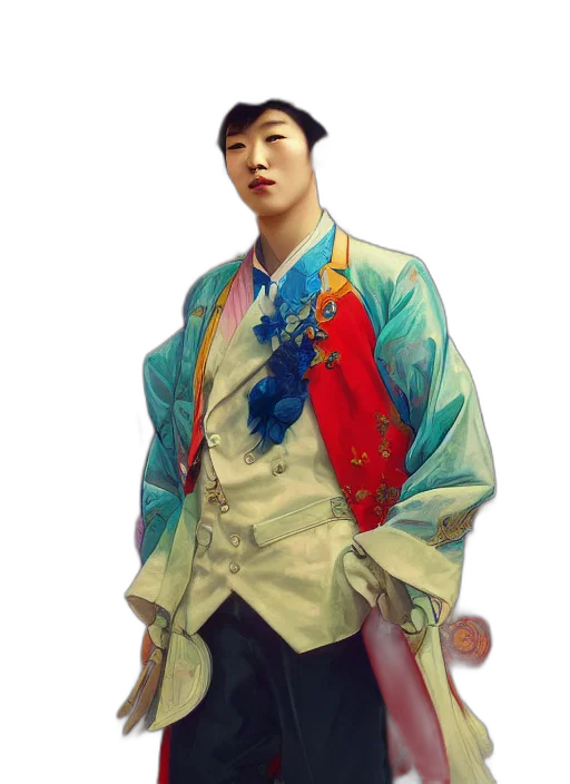 staff, jacket, photorealistic, oil painting, concept art, fantasy art, blue, colorful transparent PNG cut-out