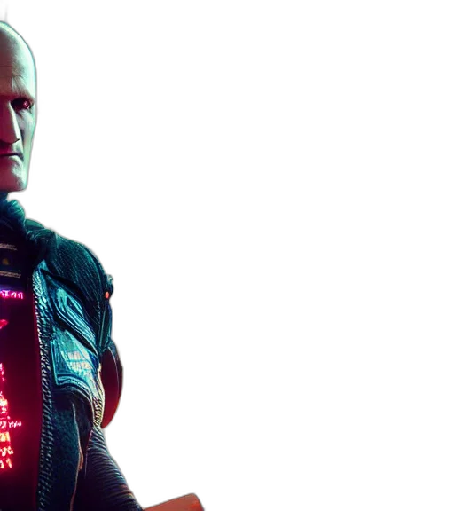 jacket, robot, cyberpunk, concept art, neon lights, outer space, neon, charismatic transparent PNG cut-out