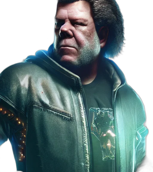 jacket, face, staff, cyberpunk, concept art, photorealistic, 3d render, green transparent PNG cut-out