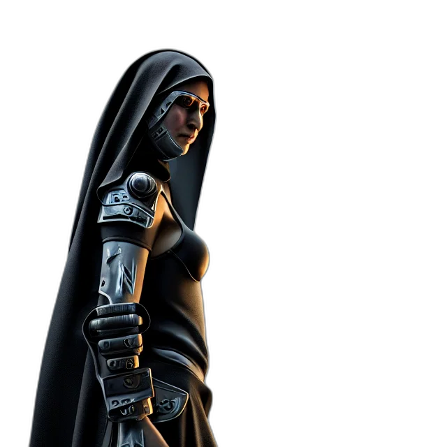 sword, staff, concept art, comic book art, fantasy art, 3d render, cyberpunk, nun transparent PNG cut-out
