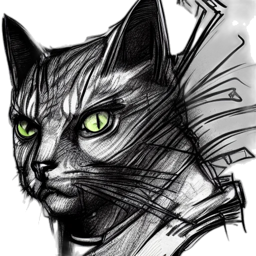 fantasy art, pencil sketch, comic book art, concept art, monochrome, dark, cyberpunk, cat transparent PNG cut-out