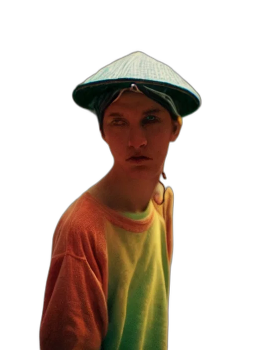 hat, face, staff, umbrella, vaporwave, photorealistic, 3d render, pixel art transparent PNG cut-out