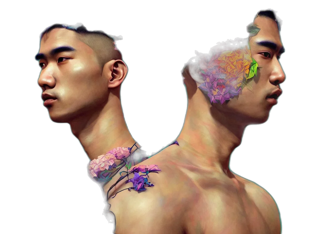 face, mask, concept art, photorealistic, fantasy art, cyberpunk, pastel, colorful transparent PNG cut-out