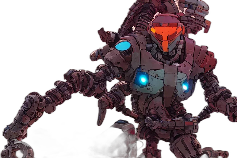 robot, weapon, concept art, 3d render, comic book art, pixel art, burrower, machine transparent PNG cut-out