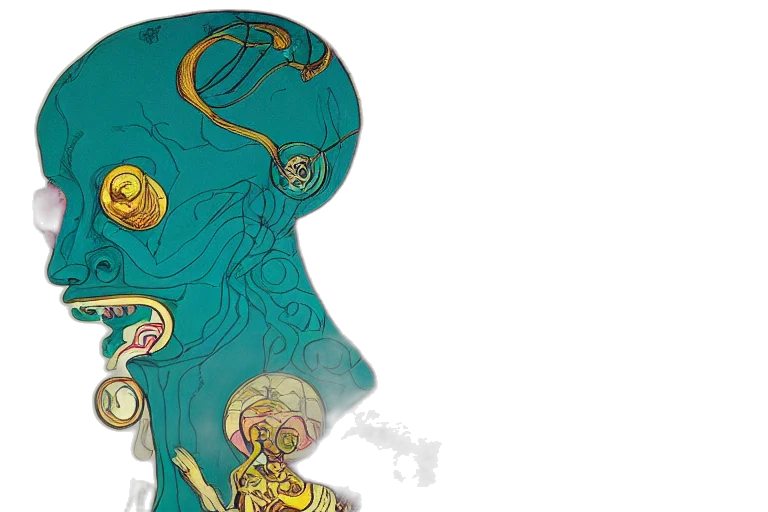 mask, concept art, bright, teal, magenta, gold, humanoid, liminal transparent PNG cut-out