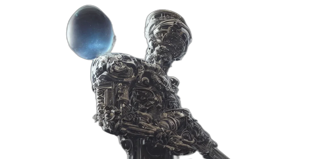 robot, staff, 3d render, concept art, cyberpunk, photorealistic, outer space, space transparent PNG cut-out