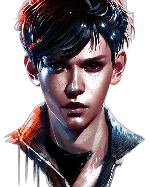 jacket, face, cyberpunk, concept art, photorealistic, fantasy art, neon lights, dark transparent PNG cut-out